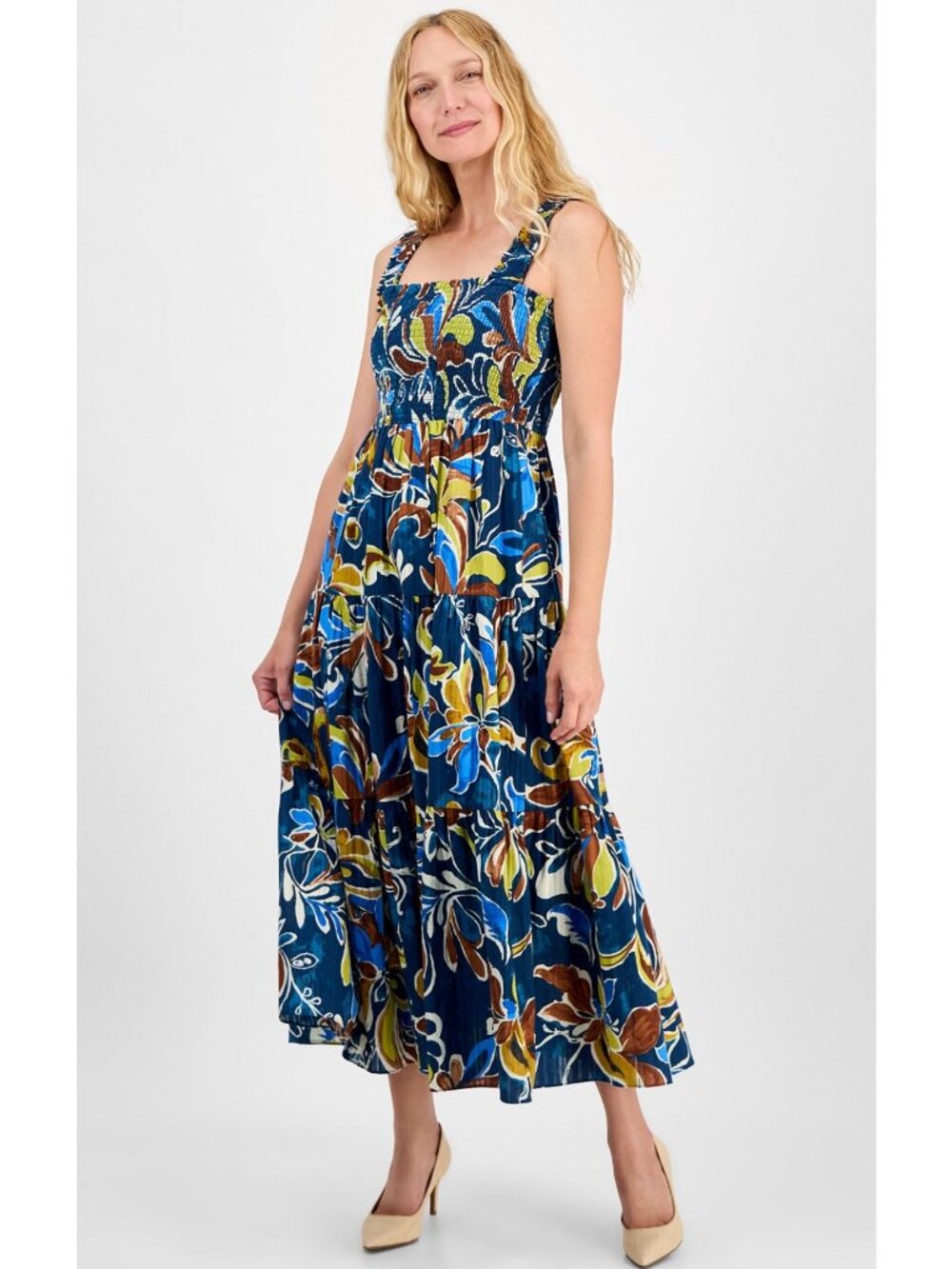 Anne Klein Womens Ink Teal Multi Smocked Floral Maxi Dress NWT